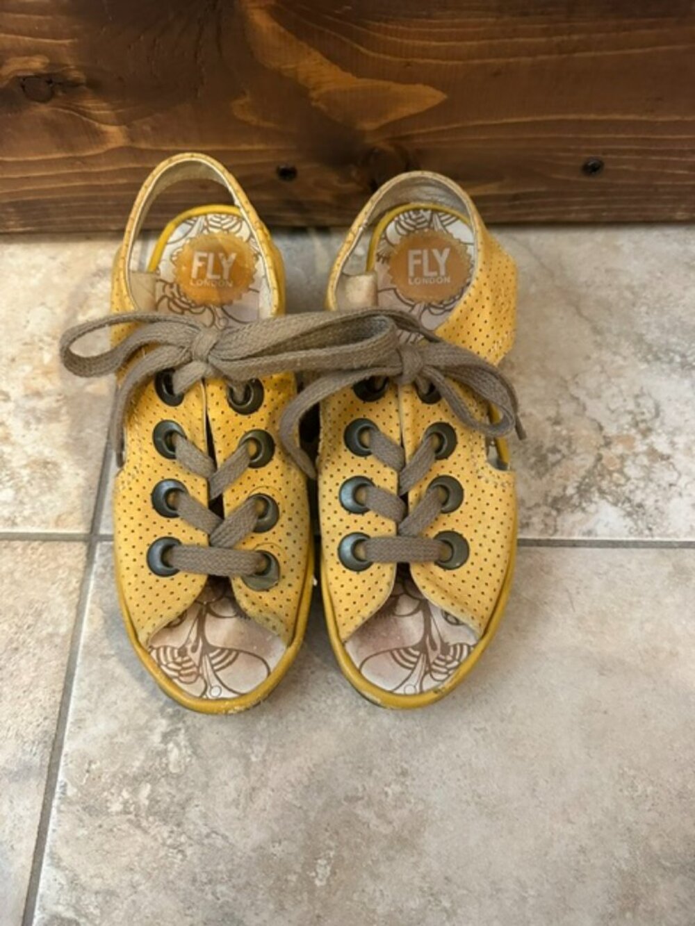 FLY London Ylfa Lace Up Wedge Sandals Size 37 US 6-6.5 Yellow Leather Slingback